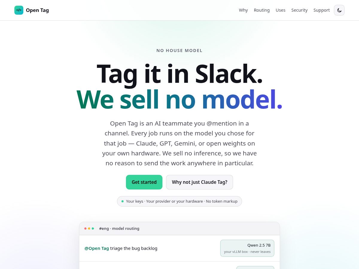 Landing-page snapshot of opentag.bot
