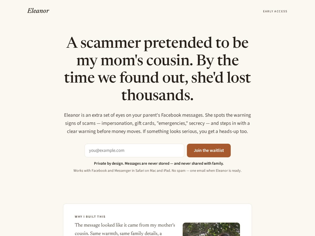 Landing-page snapshot of oureleanor.com