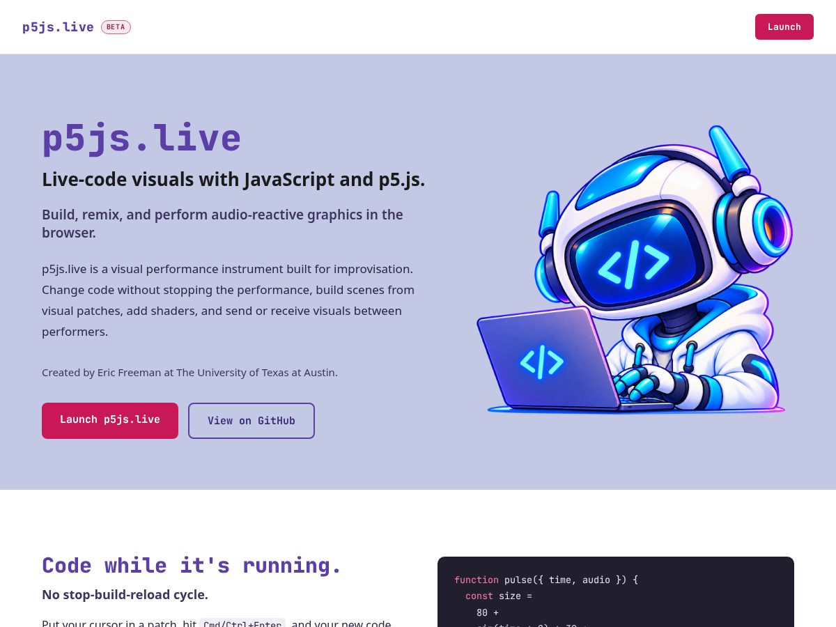 Landing-page snapshot of p5js.live