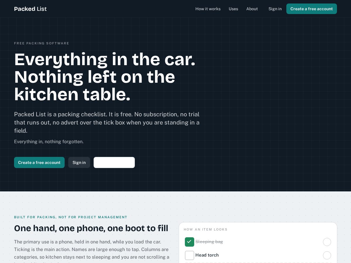 Landing-page snapshot of packedlist.com
