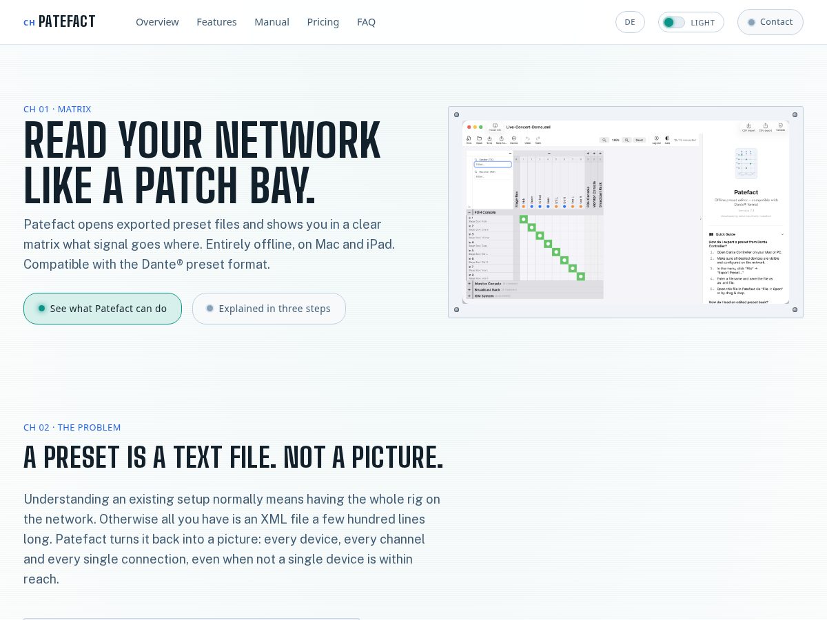 Landing-page snapshot of patefact.app
