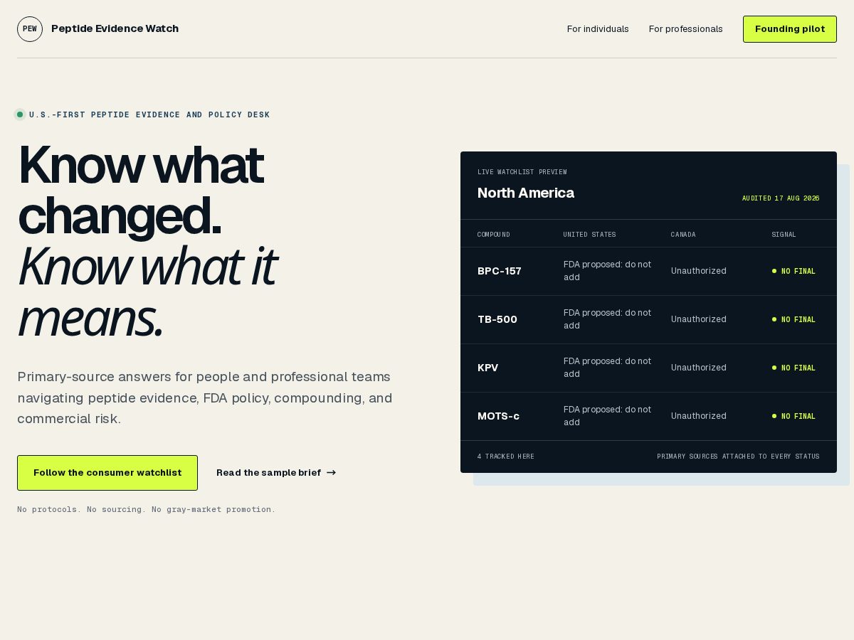 Landing-page snapshot of peptideevidencewatch.com