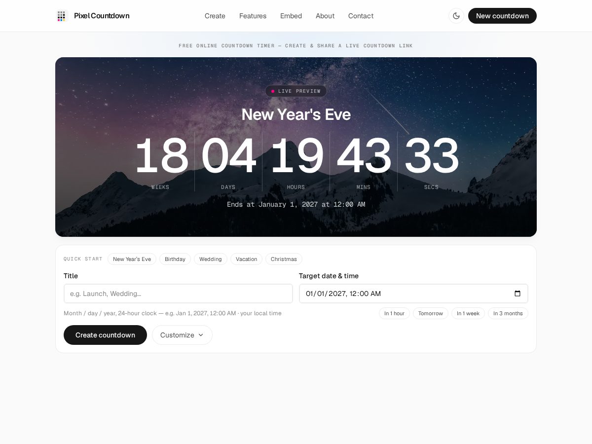 Landing-page snapshot of pixelcountdown.com