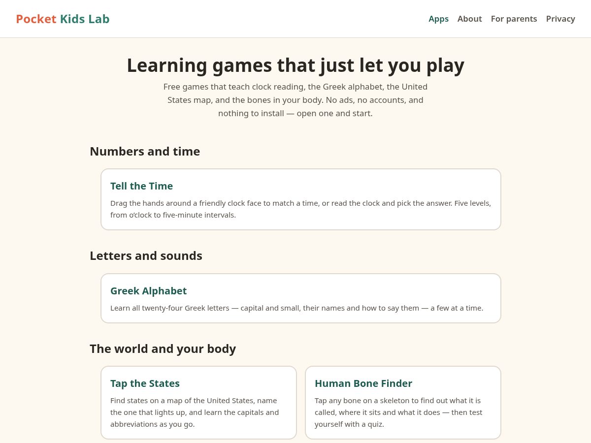 Landing-page snapshot of pocketkidslab.com