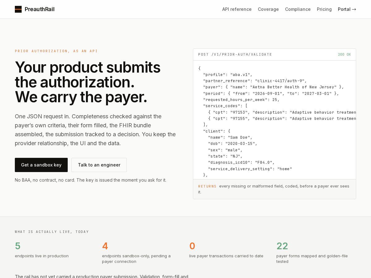 Landing-page snapshot of preauthrail.com