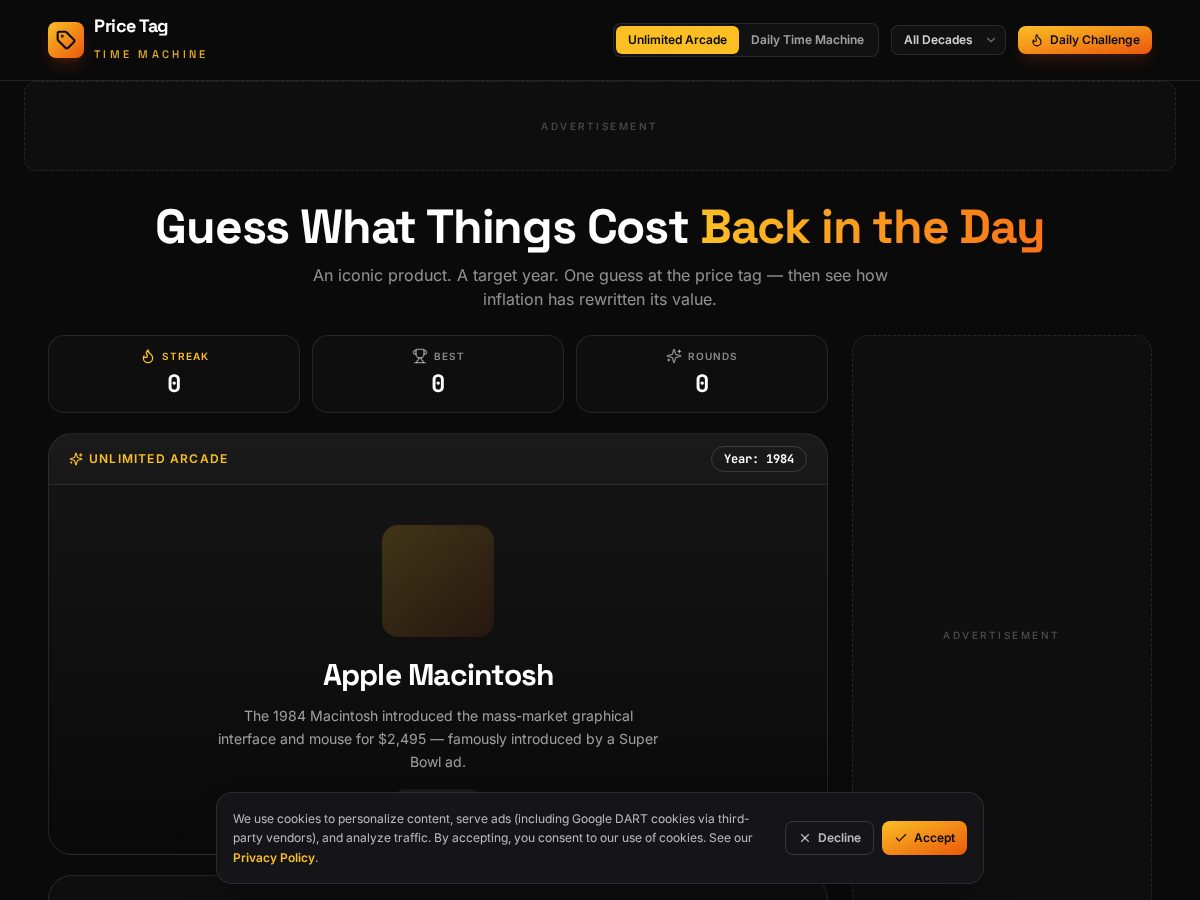 Landing-page snapshot of pricetagtimemachine.com