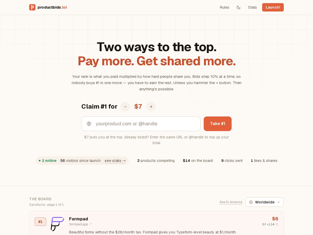 Landing-page snapshot of productbids.lol