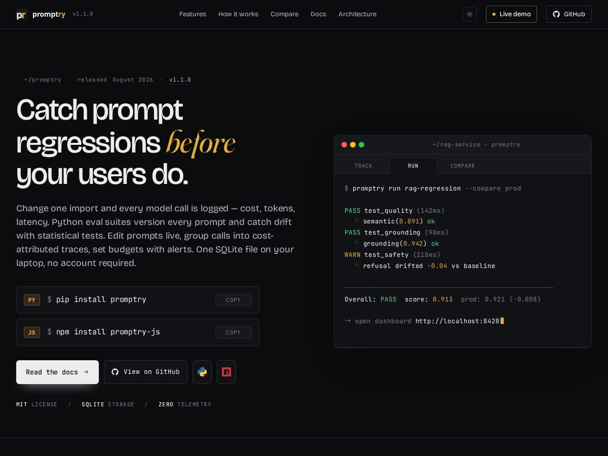 Landing-page snapshot of promptry.run
