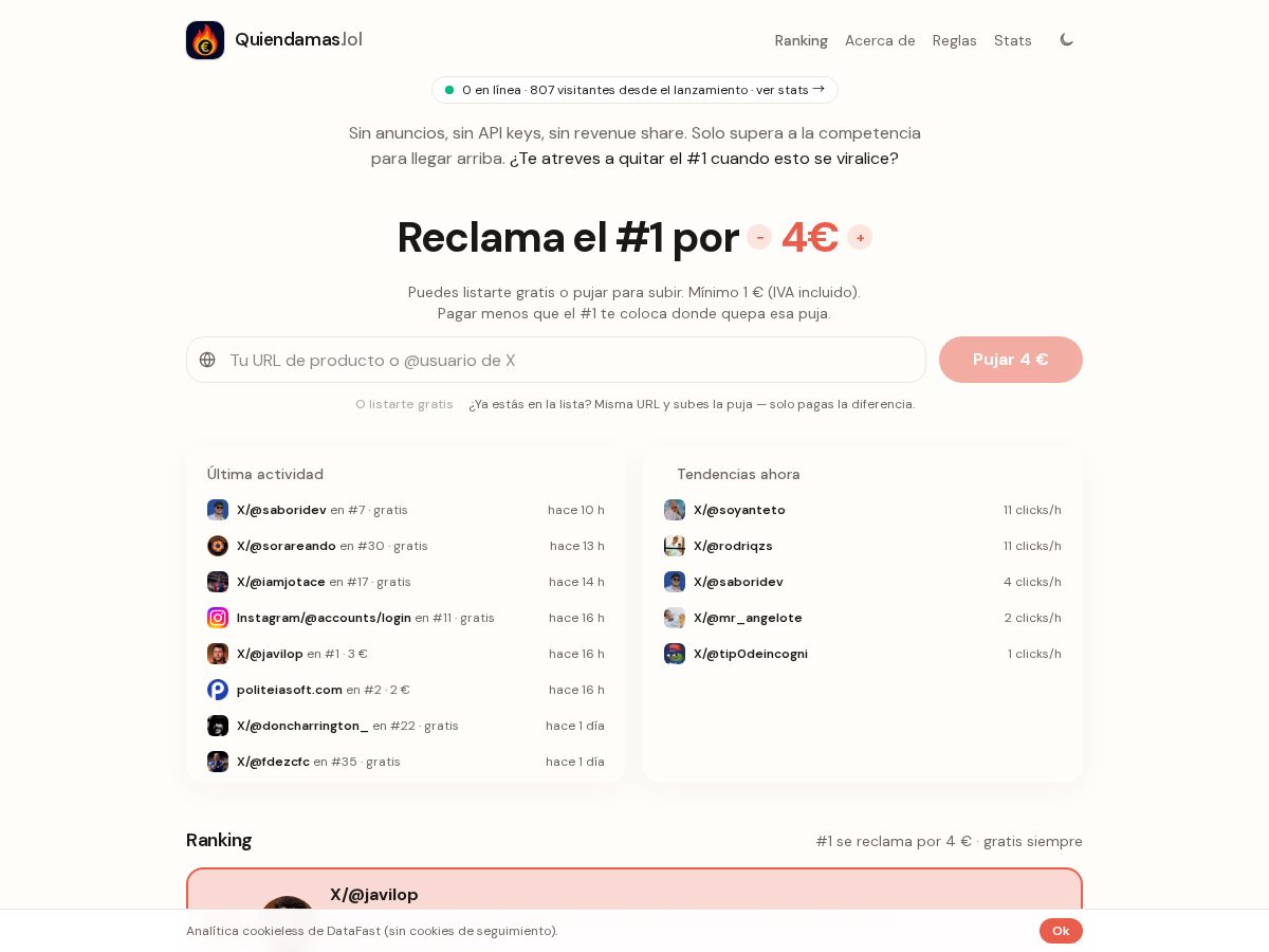 Landing-page snapshot of quiendamas.lol