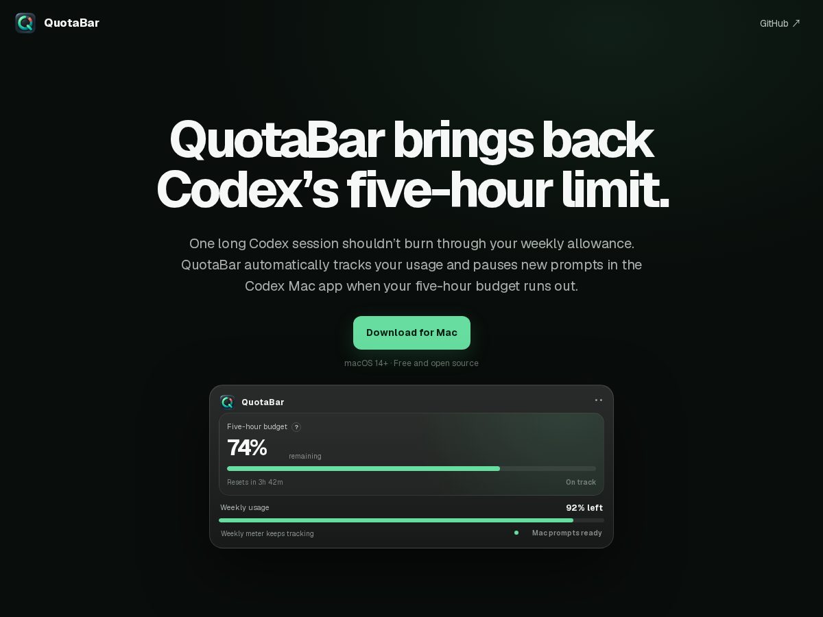 Landing-page snapshot of quotabar.fyi