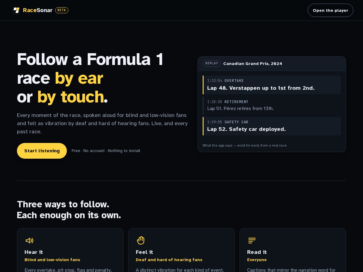 Landing-page snapshot of racesonar.com