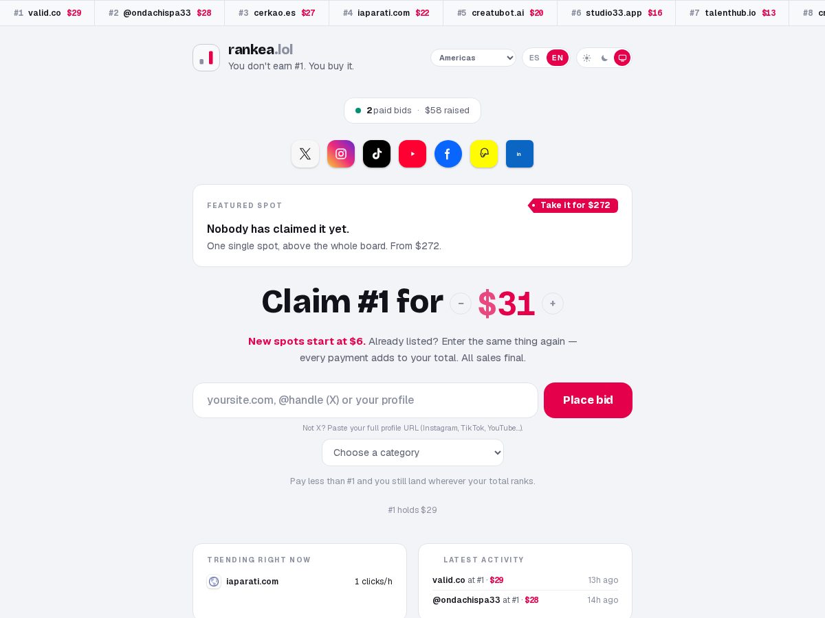 Landing-page snapshot of rankea.lol