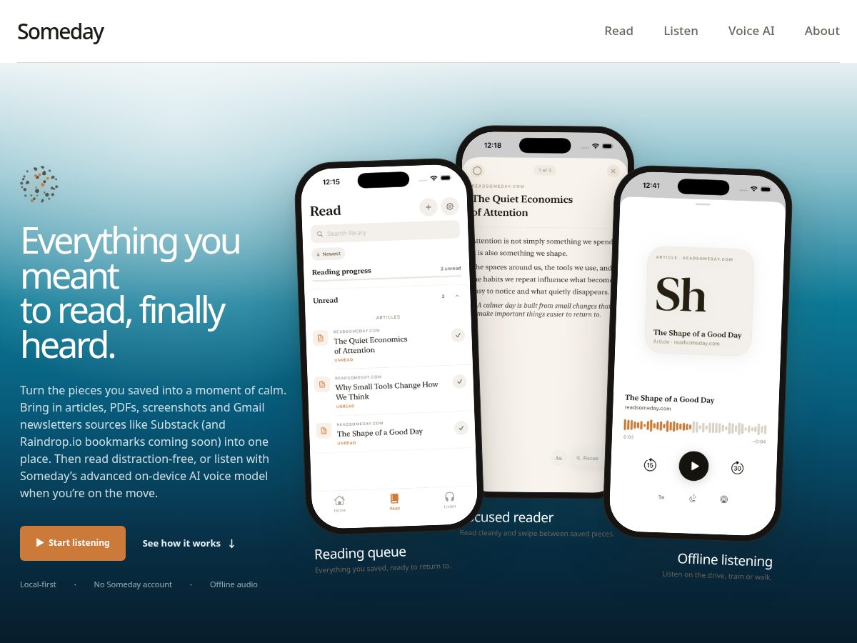 Landing-page snapshot of readsomeday.com