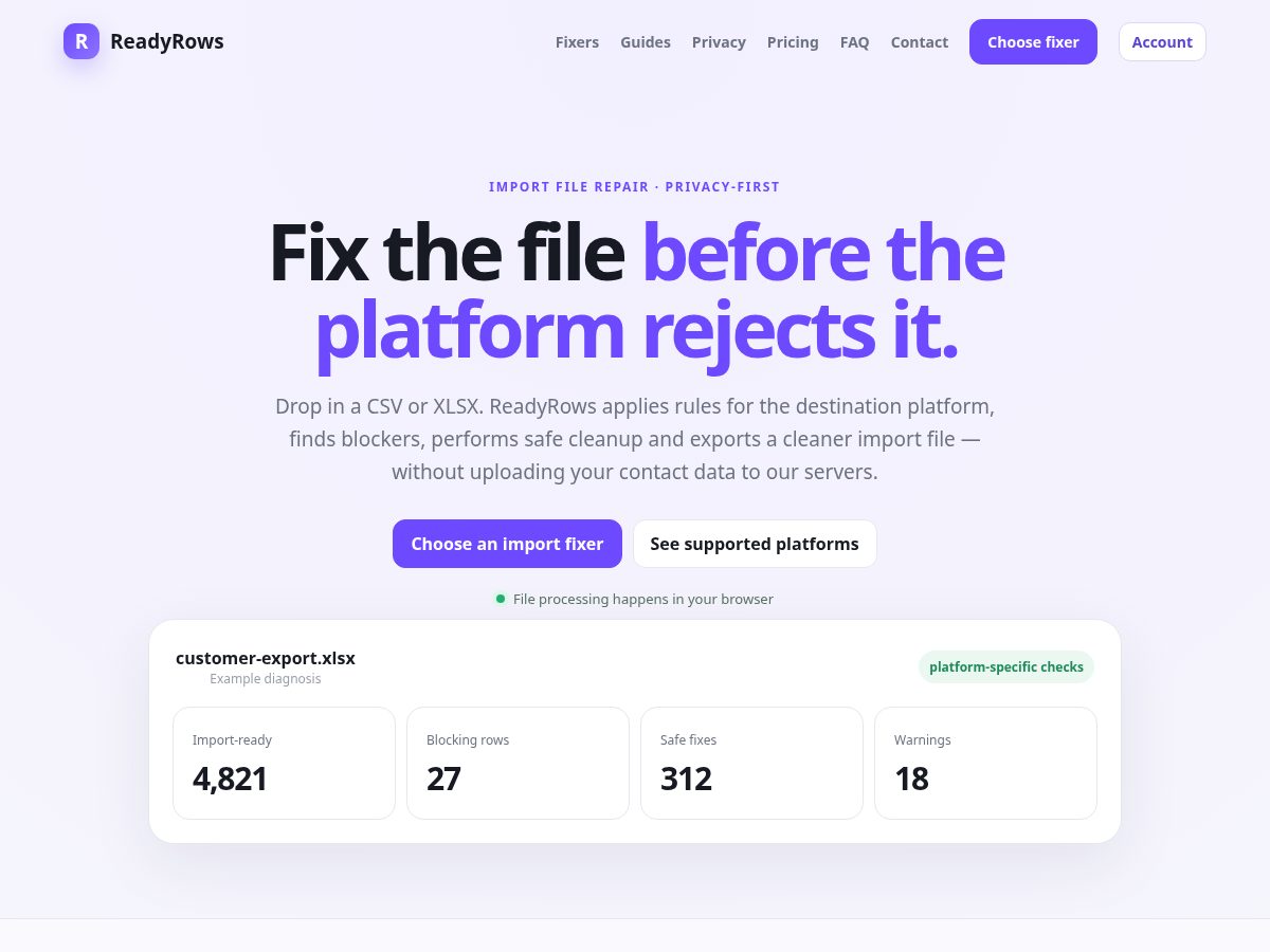 Landing-page snapshot of readyrows.net