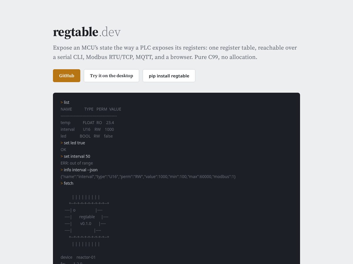 Landing-page snapshot of regtable.dev