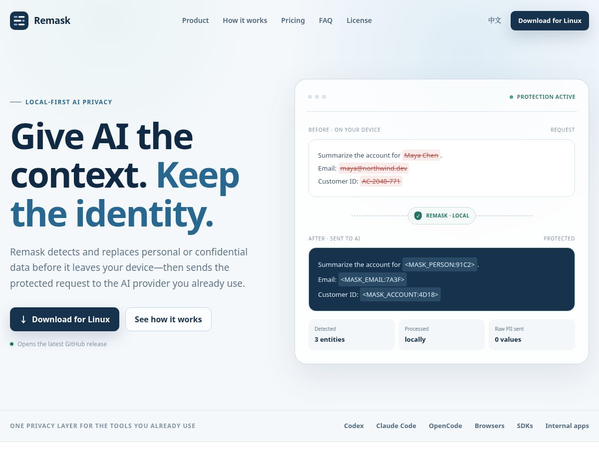 Landing-page snapshot of remask.dev