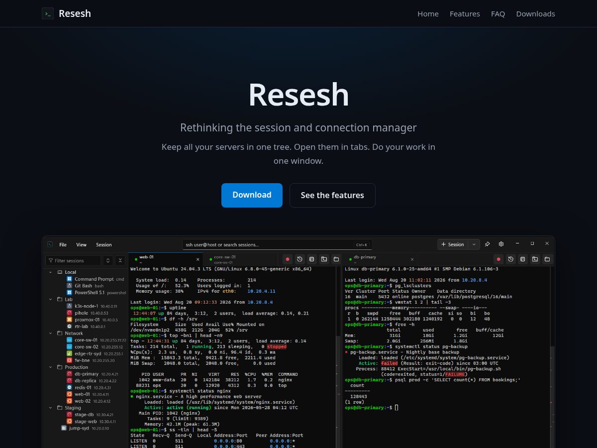 Landing-page snapshot of resesh.net