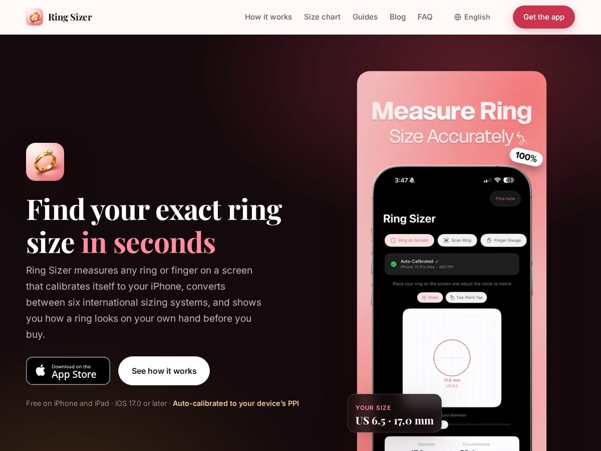 Landing-page snapshot of ringsizerr.com