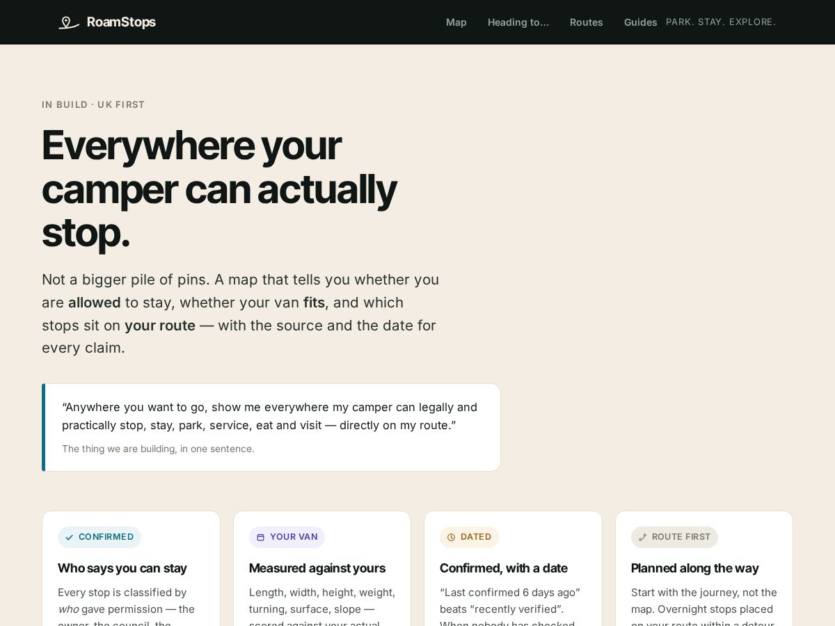 Landing-page snapshot of roamstops.com