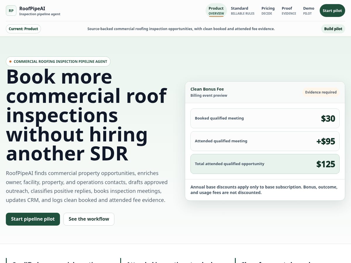 Landing-page snapshot of roofpipeai.com
