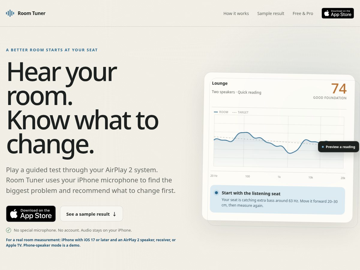 Landing-page snapshot of roomtuner.app