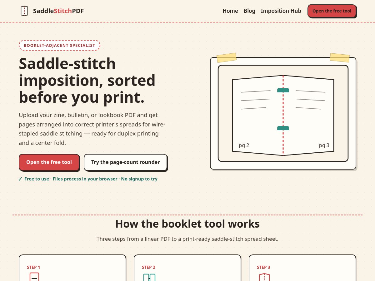 Landing-page snapshot of saddlestitchpdf.com