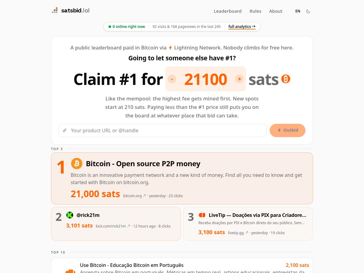 Landing-page snapshot of satsbid.lol