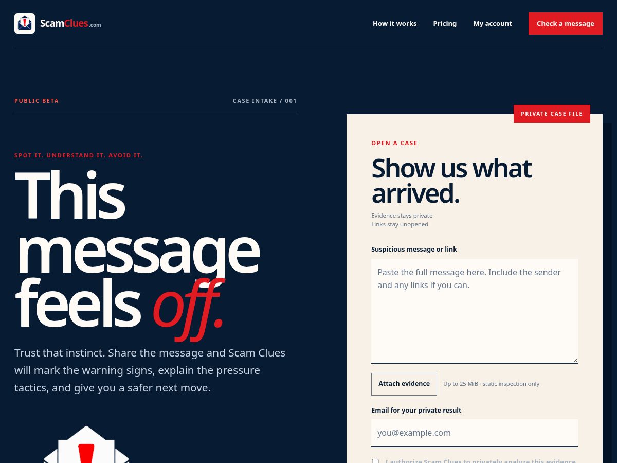 Landing-page snapshot of scamclues.com