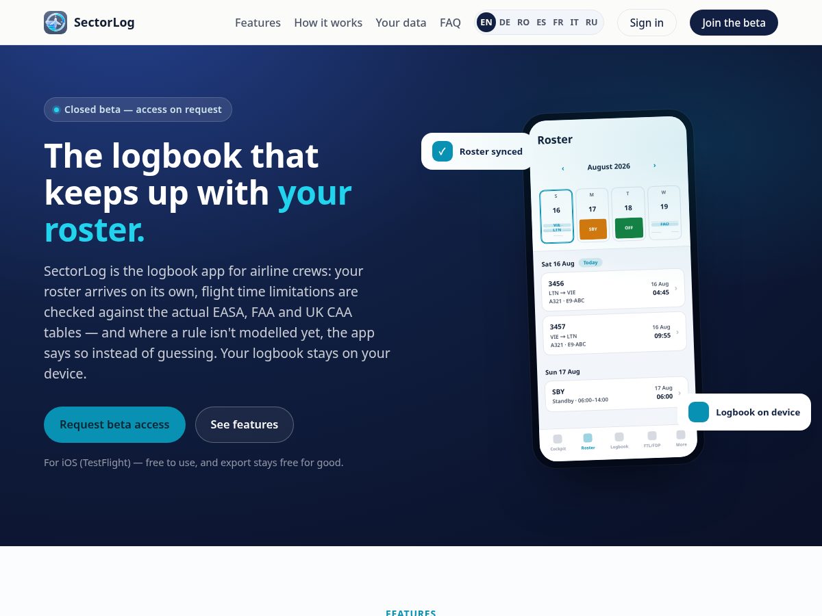 Landing-page snapshot of sectorlog.com