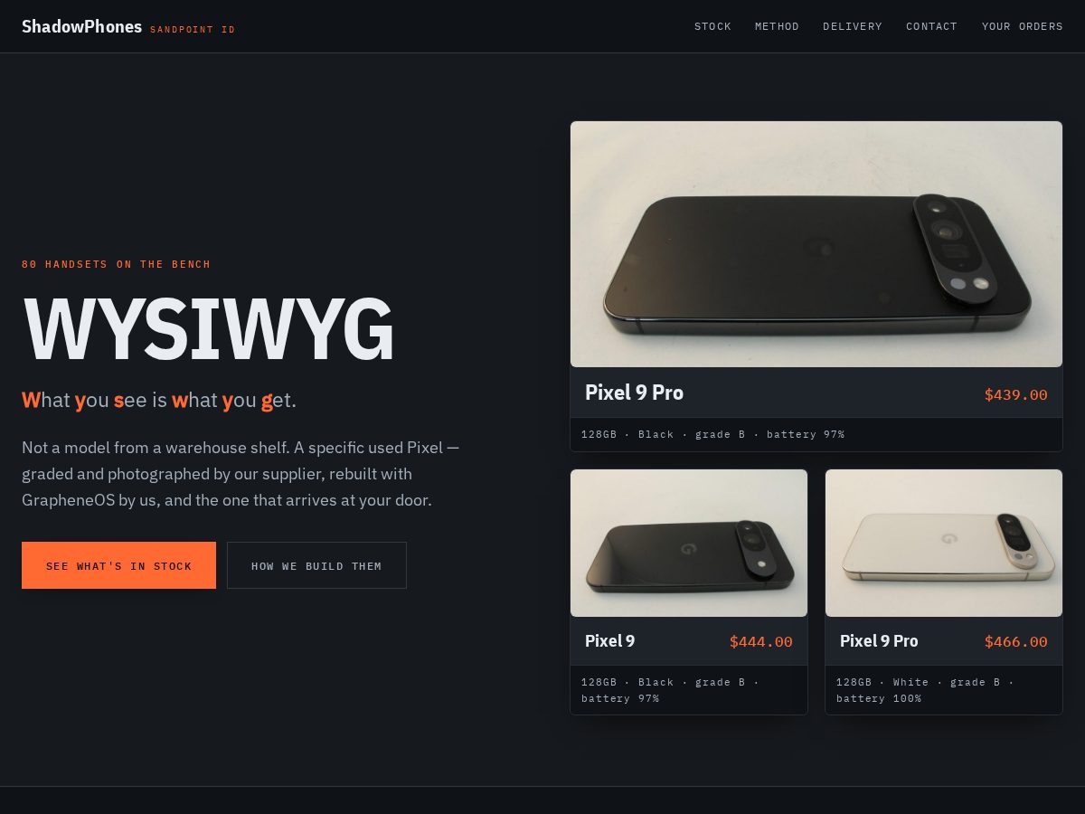 Landing-page snapshot of shadowphones.com
