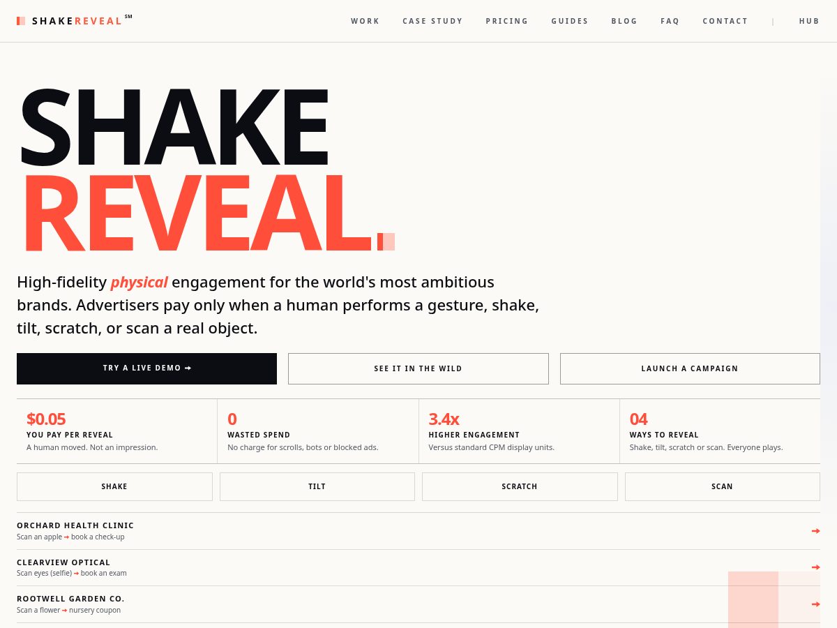 Landing-page snapshot of shakereveal.com
