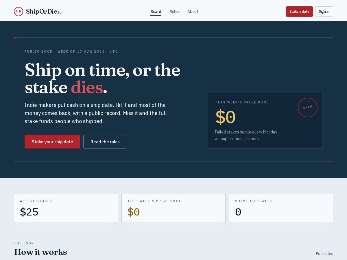 Landing-page snapshot of shipordie.lol