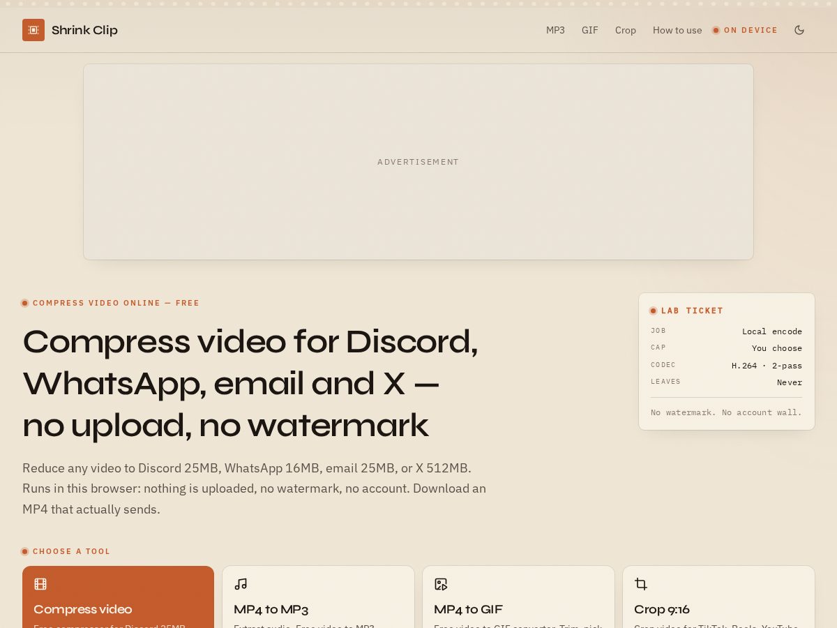 Landing-page snapshot of shrinkclip.app