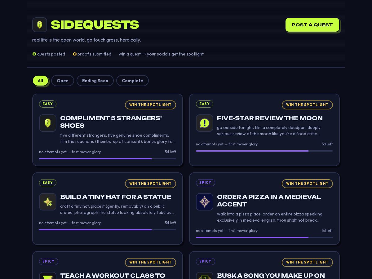 Landing-page snapshot of sidequests.lol