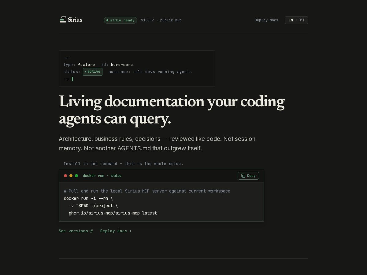 Landing-page snapshot of siriusmcp.dev