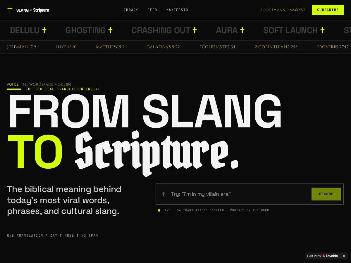 Landing-page snapshot of slangtoscripture.com