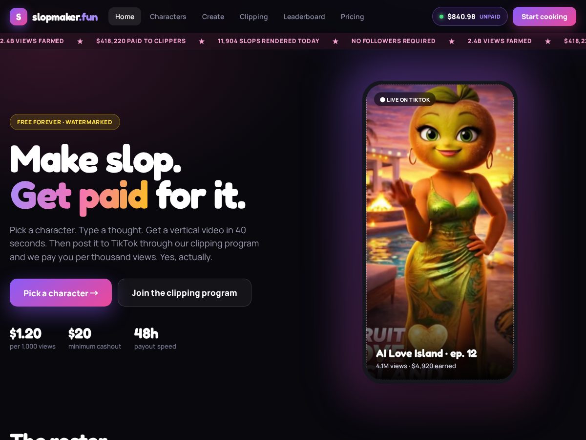 Landing-page snapshot of slopmaker.fun