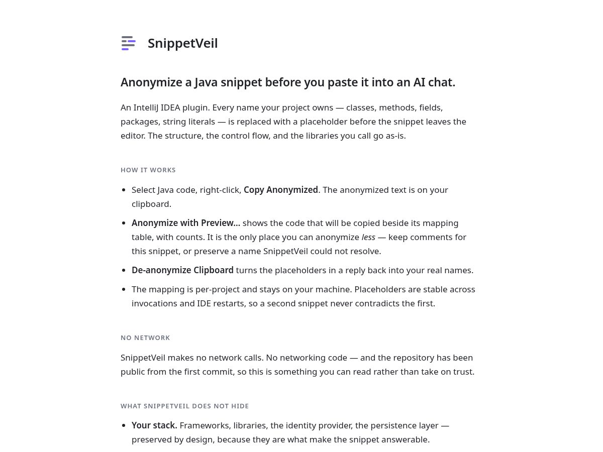 Landing-page snapshot of snippetveil.com
