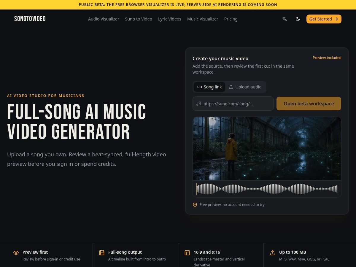 Landing-page snapshot of songtovideo.app