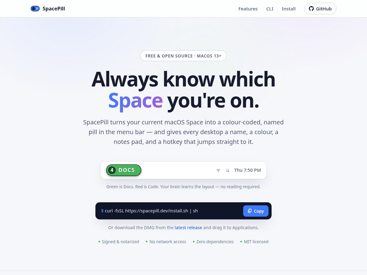 Landing-page snapshot of spacepill.dev