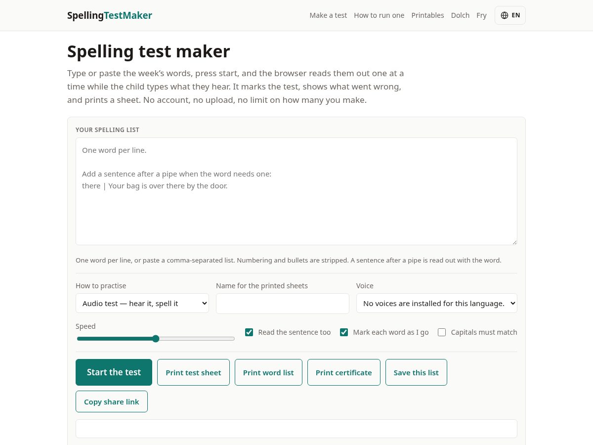 Landing-page snapshot of spellingtestmaker.com