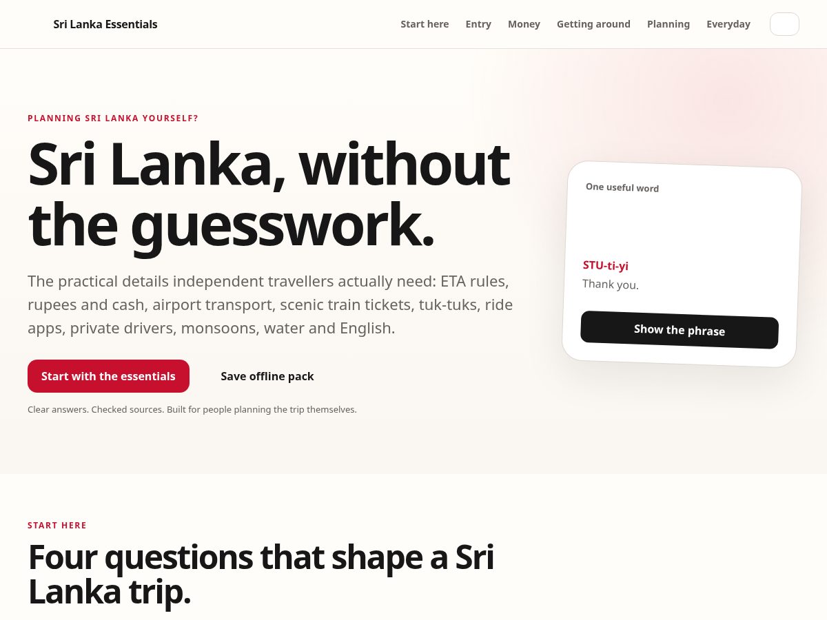 Landing-page snapshot of srilankatravelessentials.com