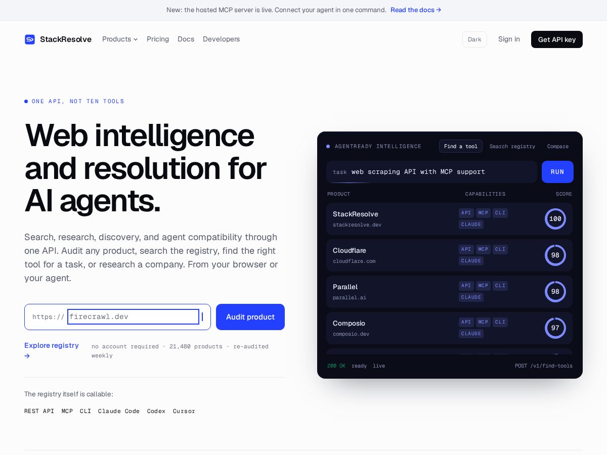 Landing-page snapshot of stackresolve.dev