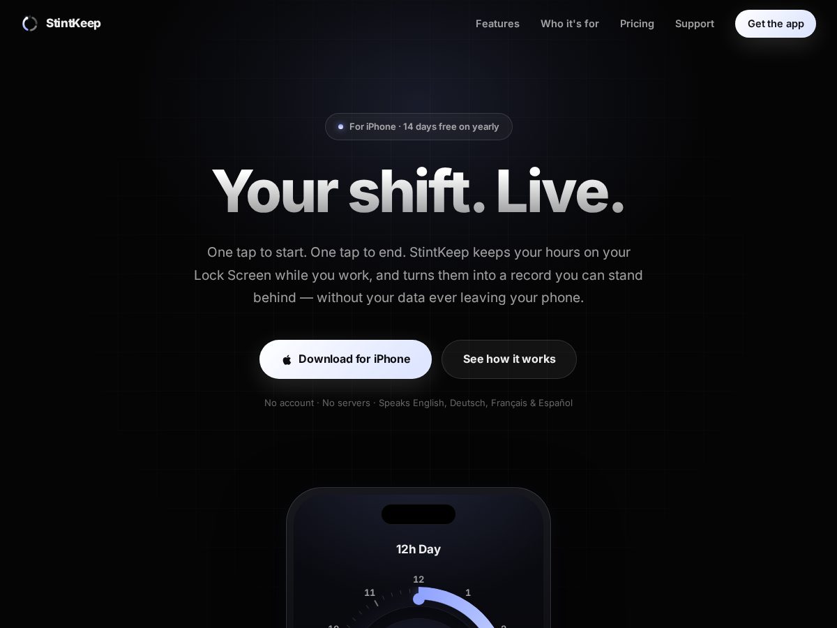 Landing-page snapshot of stintkeep.app