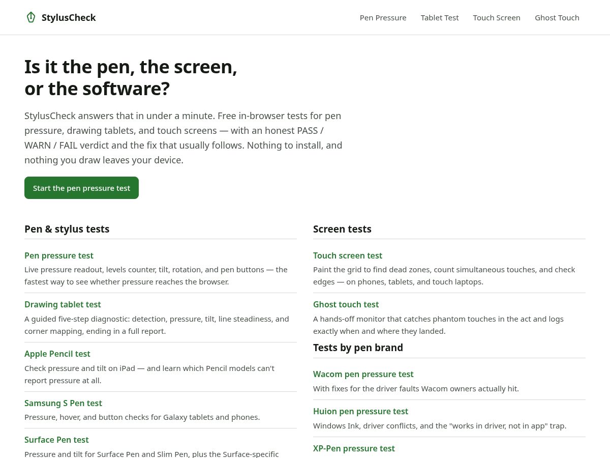 Landing-page snapshot of styluscheck.com