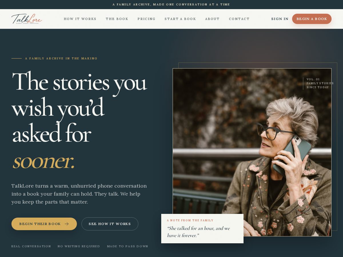 Landing-page snapshot of talklore.app
