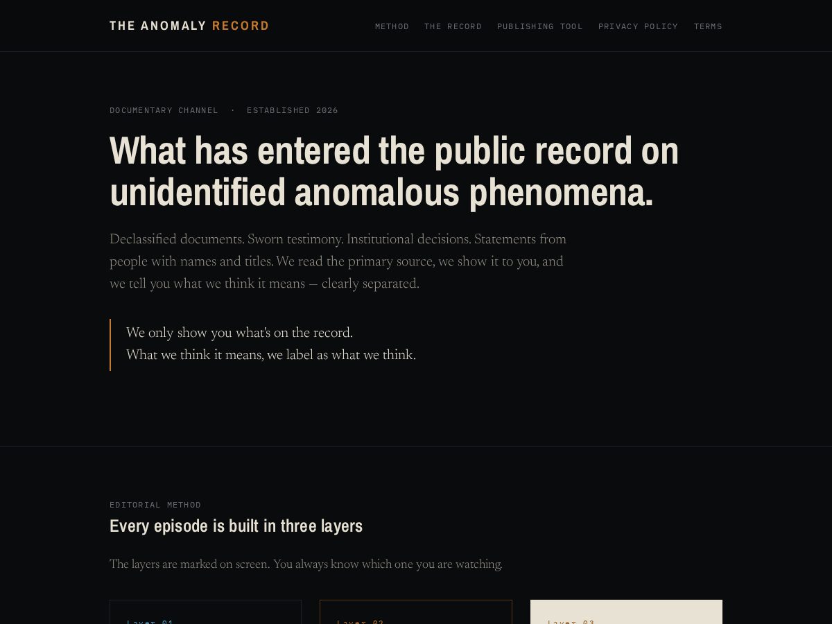 Landing-page snapshot of theanomalyrecord.com