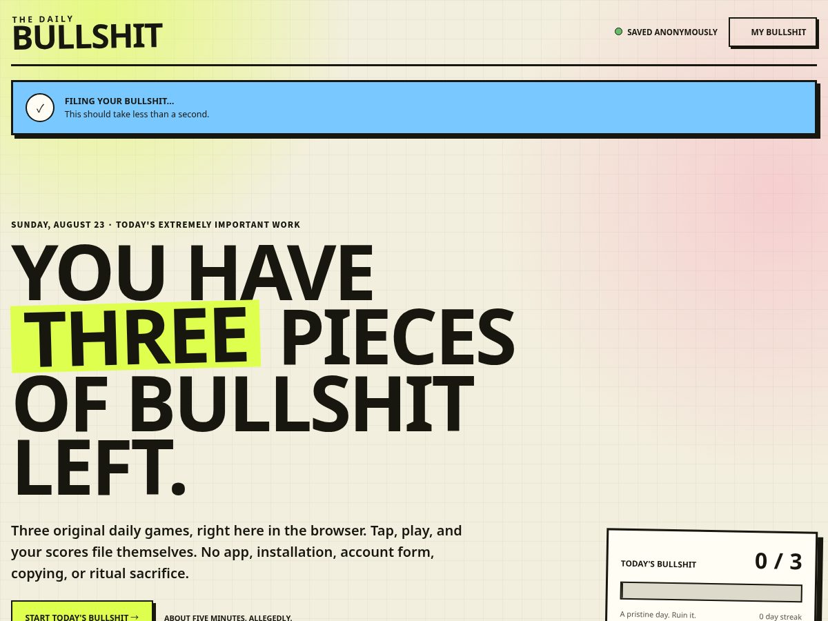 Landing-page snapshot of thedailybullshit.app