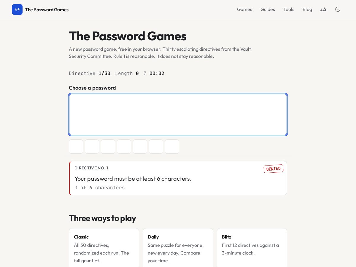 Landing-page snapshot of thepasswordgames.com