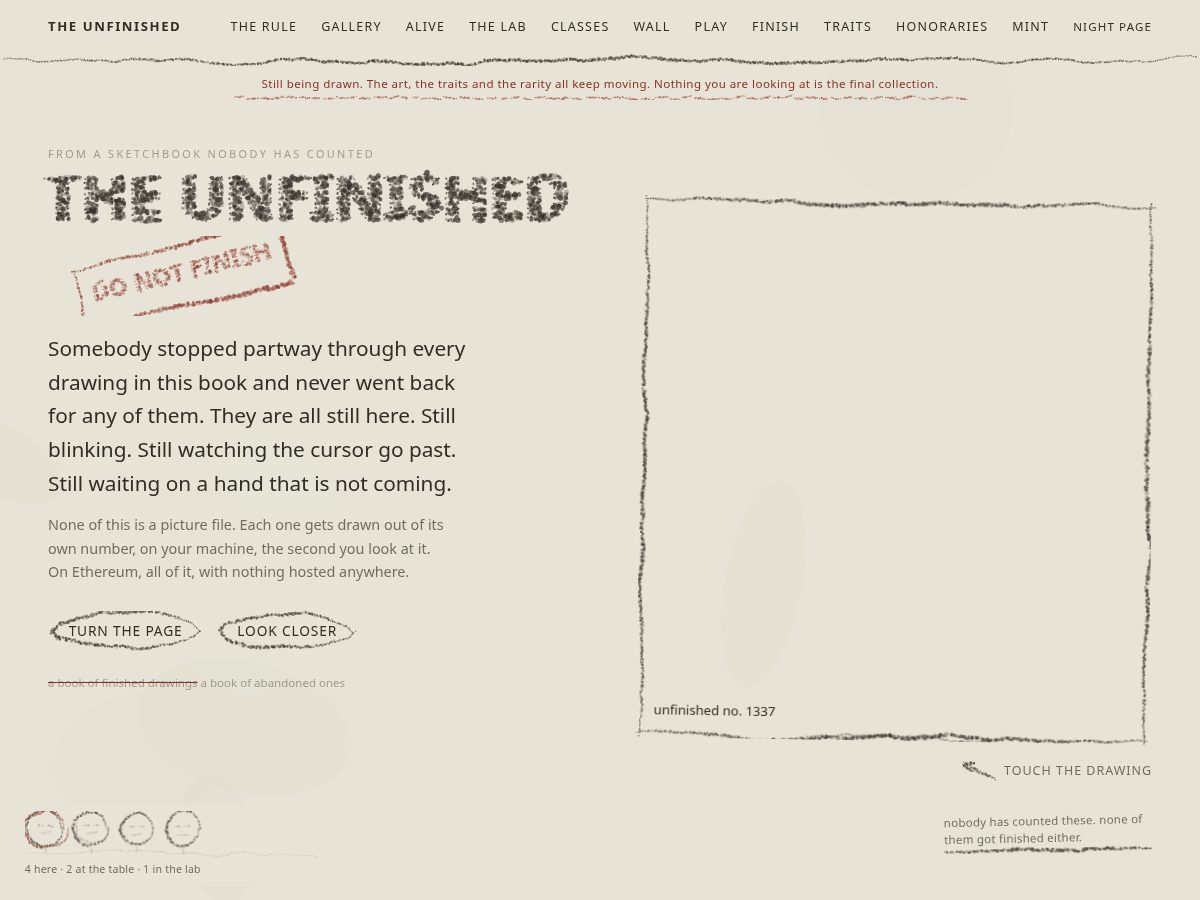 Landing-page snapshot of theunfinished.xyz